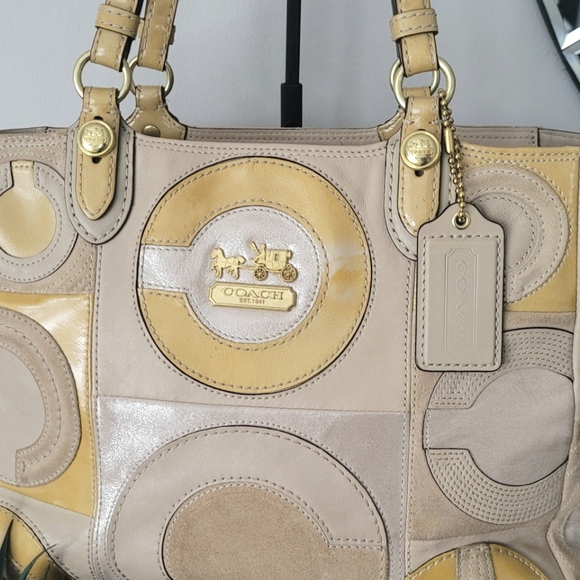 Coach Beige and Yellow Leather/Suede Tote - Picture 2 of 13